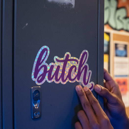 Butch Holographic Sticker being slapped on a gray locker, vibrant colors gleaming, with a blurred corkboard in the queer backdrop.