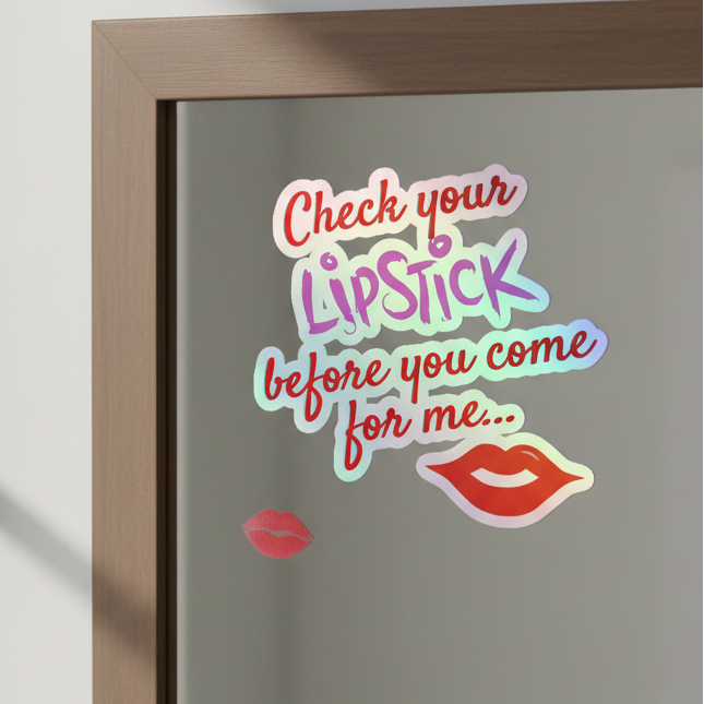 Holographic sticker pack with bold “LIPSTICK,” the phrase “Check your LIPSTICK before you come for me…,” and pink and red lips.
