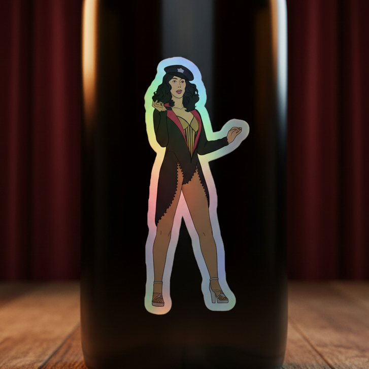 Holographic sticker of a confident femme in top hat, corset, and heels on stage with red curtains, flaunting queer burlesque style.