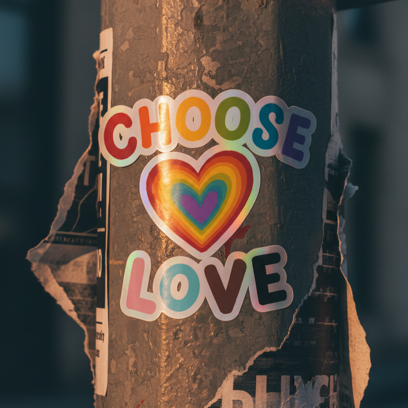 Choose Love holographic sticker with a bold rainbow-striped heart and "CHOOSE LOVE" text, queer-proud vinyl that keeps its shimmer.