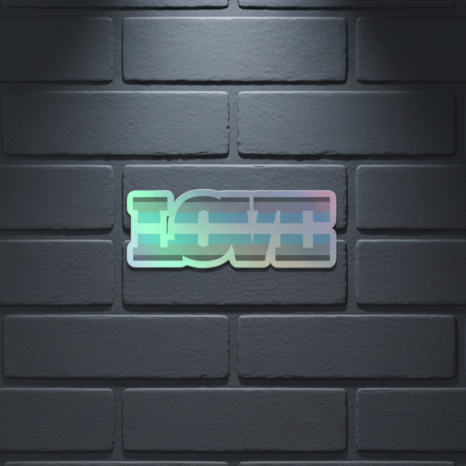 Demiboy Love Holographic Stickers shimmer on a dark gray brick wall beneath a neon “LOVE” sign in soft pastel gradients.