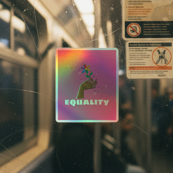 Equality holographic sticker shows a raised brown hand and purple flower above “EQUALITY” on a rainbow background, stuck to a scratched window, reflecting bus or train interiors and pride vibes.