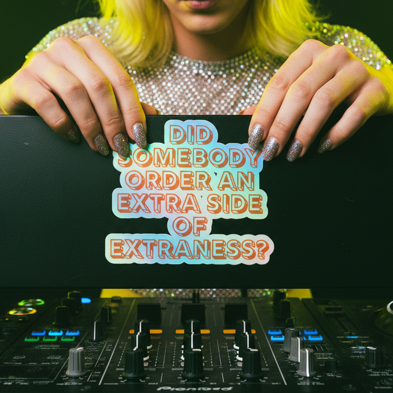 Extra Side Of Extraness Holographic Stickers shimmer in rainbow party lighting as a fab person in sequins flaunts a sign: "DID SOMEBODY ORDER AN EXTRA SIDE OF EXTRANESS?" over a DJ controller, nails sparkling silver.