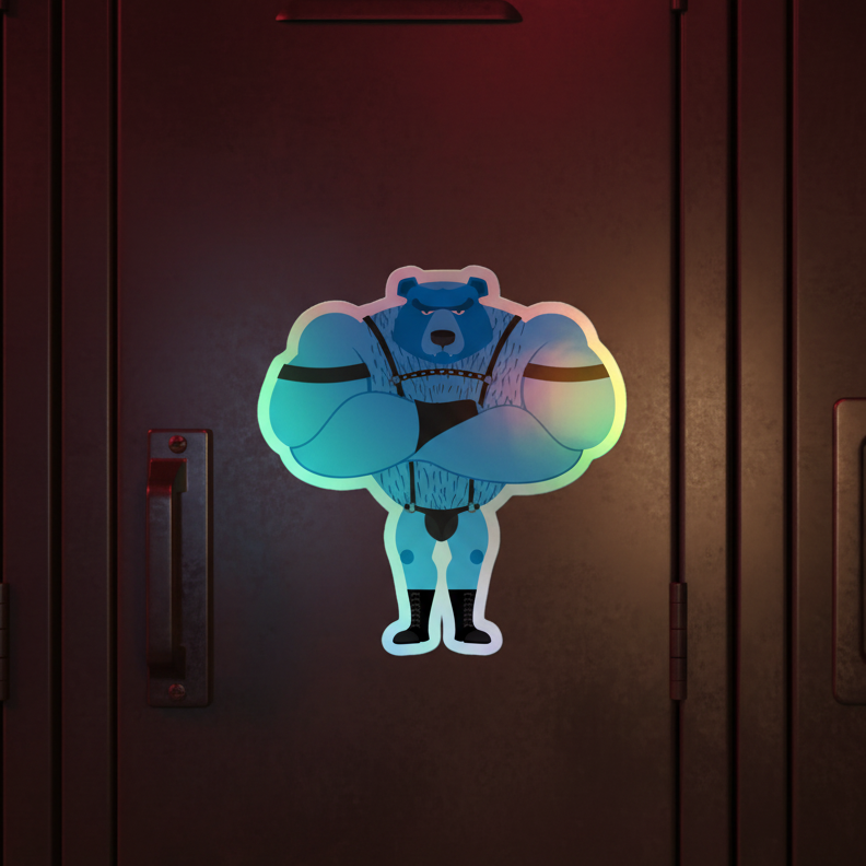 Holographic fetish gay bear sticker shows a buff blue bear in a singlet and boots, rainbow outline, on a dark locker in red-green light.