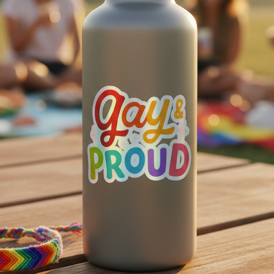 Gray water bottle with “Gay & Proud” holographic stickers on wooden table; rainbow-striped item hints at a chill outdoor pride picnic.