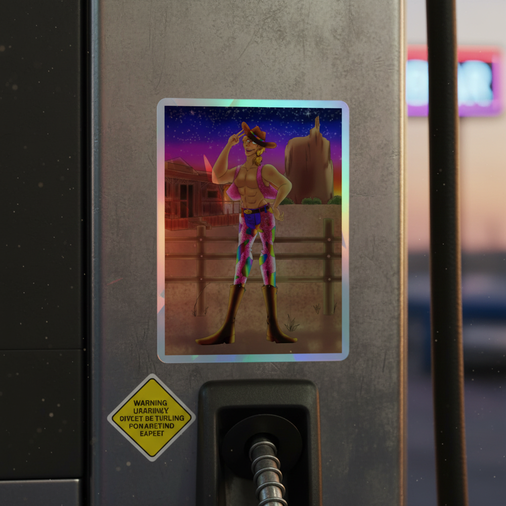 Holographic vinyl stickers show a buff gay cowboy in rainbow clothes at dusk near a gas pump, fence, and building with a bold yellow warning label.