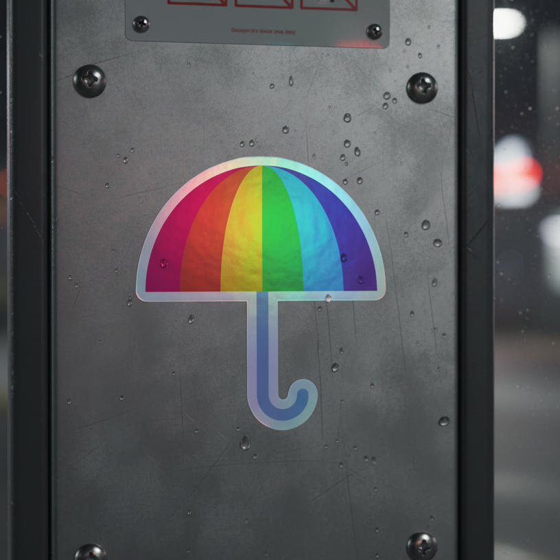 Gay Umbrella Holographic Sticker shows a bold rainbow umbrella on wet metal, city lights blurred behind—perfect for queer pride flair.