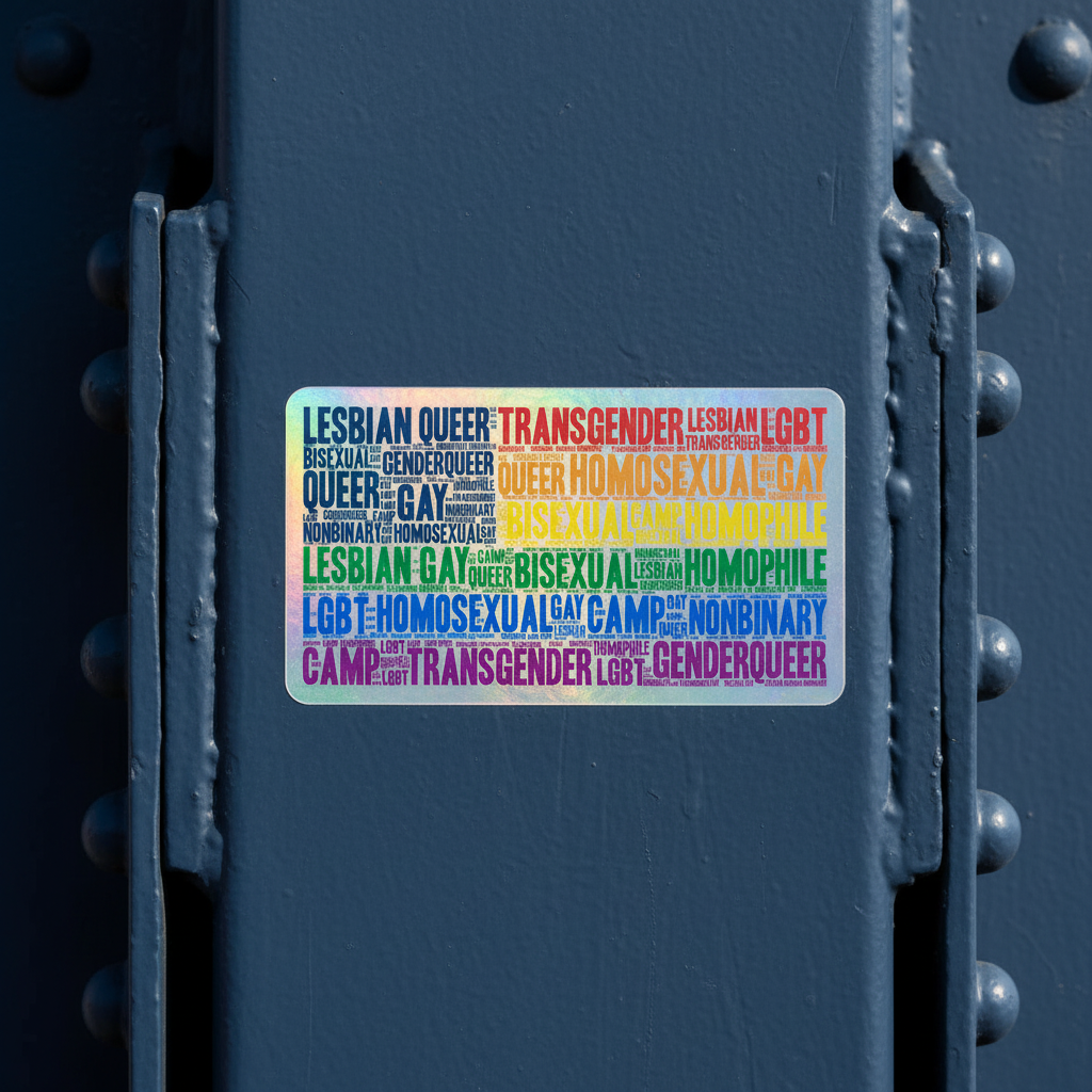 Gay USA holographic sticker shines in rainbow colors with LGBTQ+ pride words on a dark gray, textured metal surface outdoors.