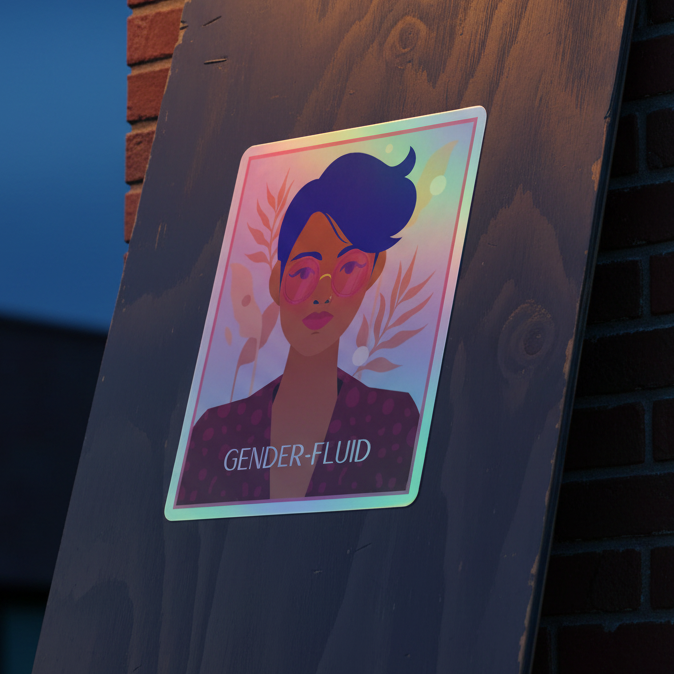 Gender-Fluid Holographic Stickers and a colorful poster show a blue-haired figure, soft rainbows, and “GENDER-FLUID” for LGBTQ+ pride.
