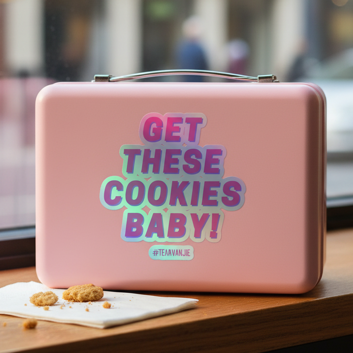 Get These Cookies holographic stickers in pink with bold rainbow decals and “GET THESE COOKIES BABY!” text, #TEAVANJIE below.