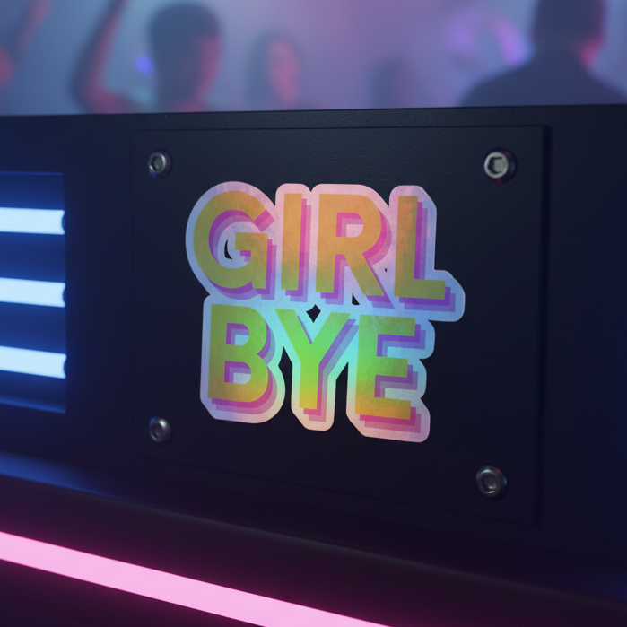 Girl Bye holographic sticker with bold rainbow-gradient “GIRL BYE” text pops on black, party vibes and neon-lit dancers blurred behind.