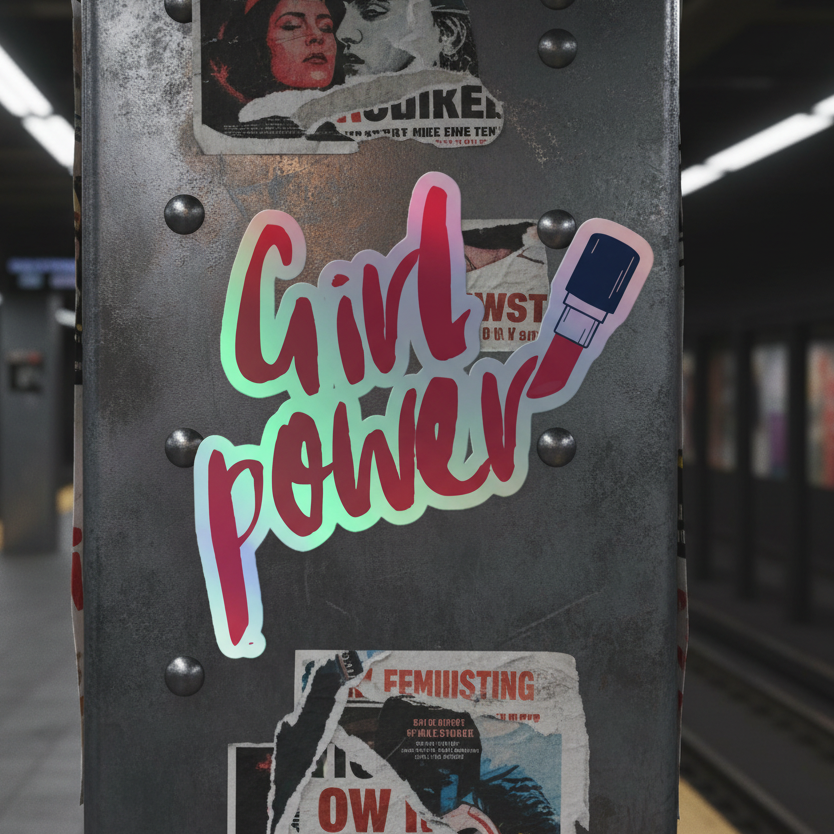 Girl Power holographic sticker with “Girl power” in bold gradient text and a lipstick graphic on a metallic subway pillar. Posters layer the column; blurry train, tracks, and platform shimmer behind.