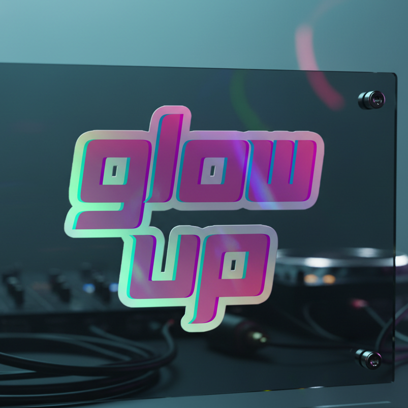 Glow Up Holographic Stickers with bold, iridescent "glow up" text, reflect rainbow colors—queer rave vibes, DJ gear blurred behind.