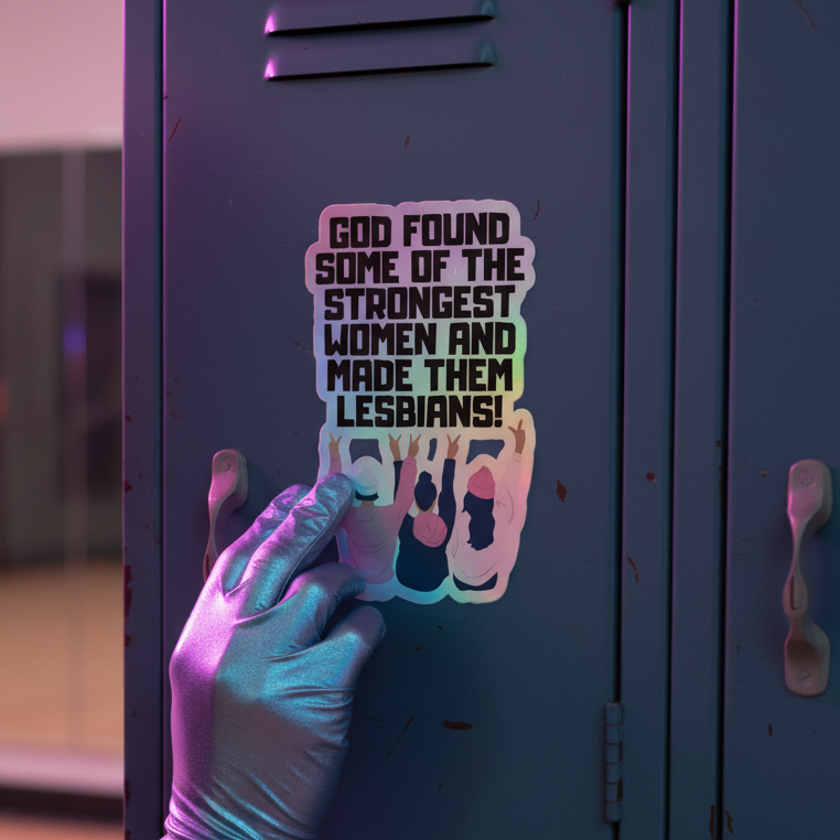 Holographic sticker with rainbow shimmer reads: “God found some of the strongest women and made them lesbians!” on blue locker.