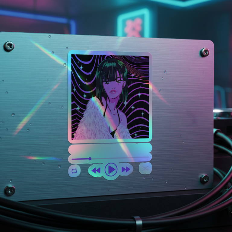 Holographic stickers with a queer vibe: metallic music player, "Guaranteed, I Can Blow Your Mind…Mwah!" text, rainbow shine, green-haired femme in fur coat on wavy black.