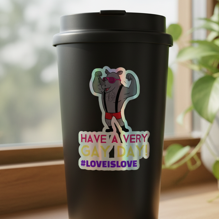 Black travel mug with rainbow holographic “Have a very gay day!” sticker: dog in shades, red shorts, #LOVEISLOVE queer vibes.