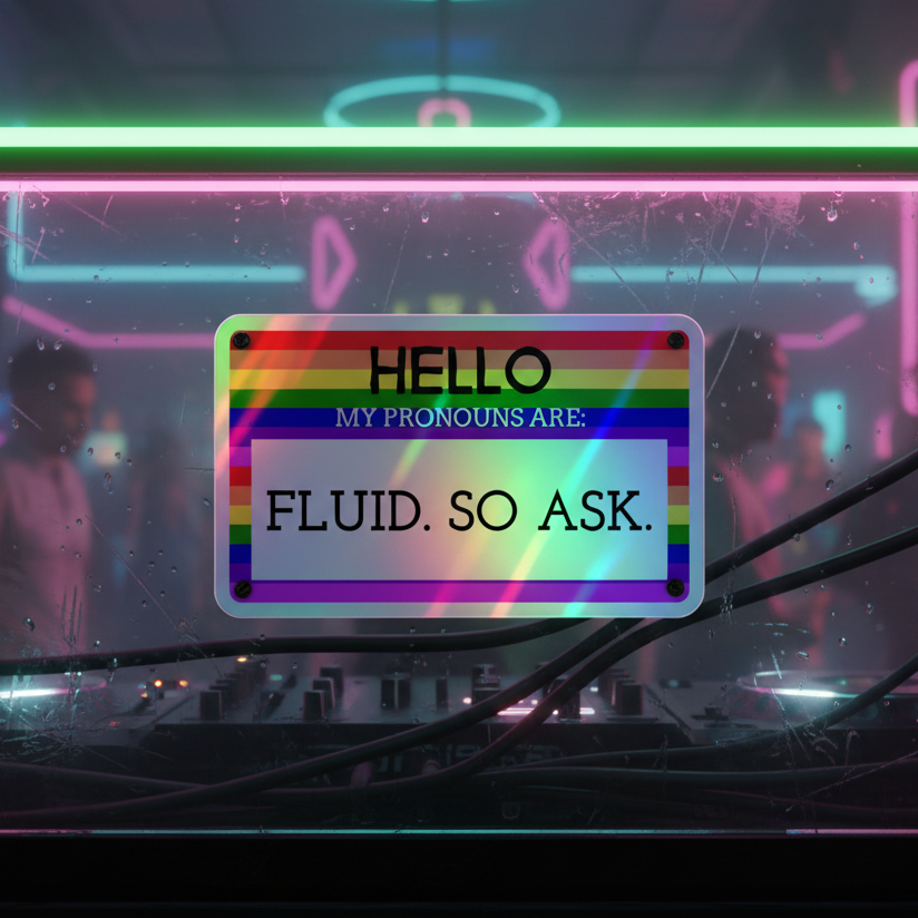 Holographic sticker with "Hello My Pronouns Are Fluid. So Ask." in rainbow hues on a rain-speckled surface at a queer club.