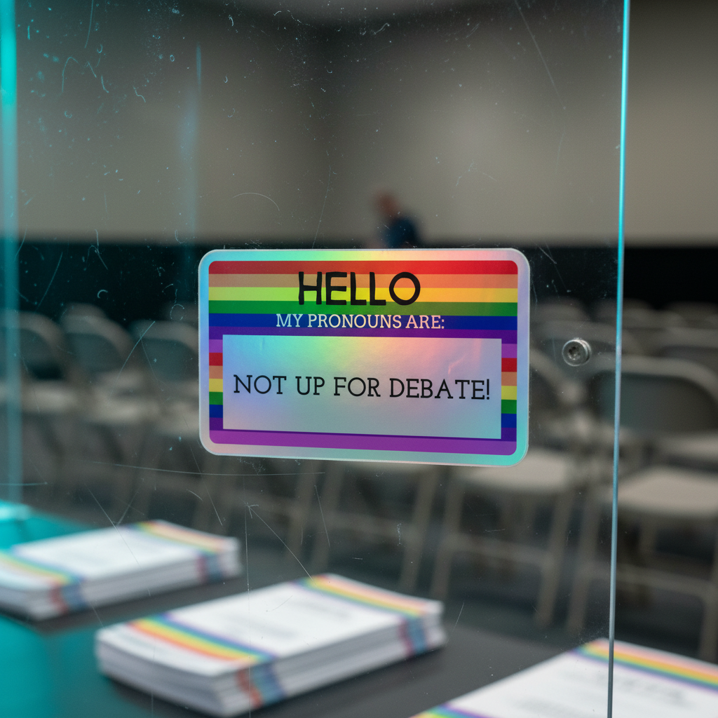 Holographic sticker reading “Hello My Pronouns Are Not Up For Debate” with a rainbow border on glass, office setting in background.