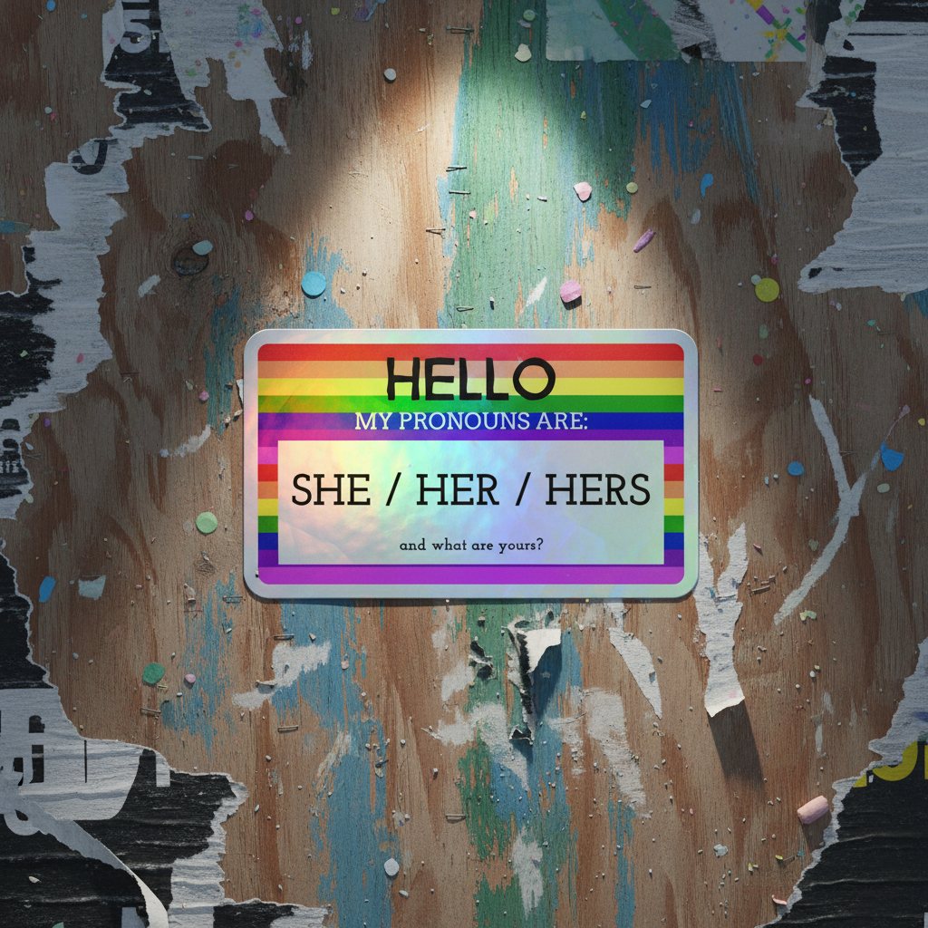 Holographic pronoun sticker reads: “HELLO MY PRONOUNS ARE: SHE / HER / HERS and what are yours?” in shiny rainbow colors.
