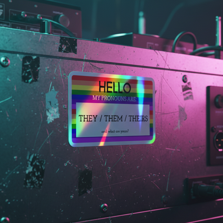 Holographic "HELLO, MY PRONOUNS ARE: THEY/THEM/THEIRS and what are yours?" sticker on scratched metal; queer vibes, multicolored audio gear glowing in back.