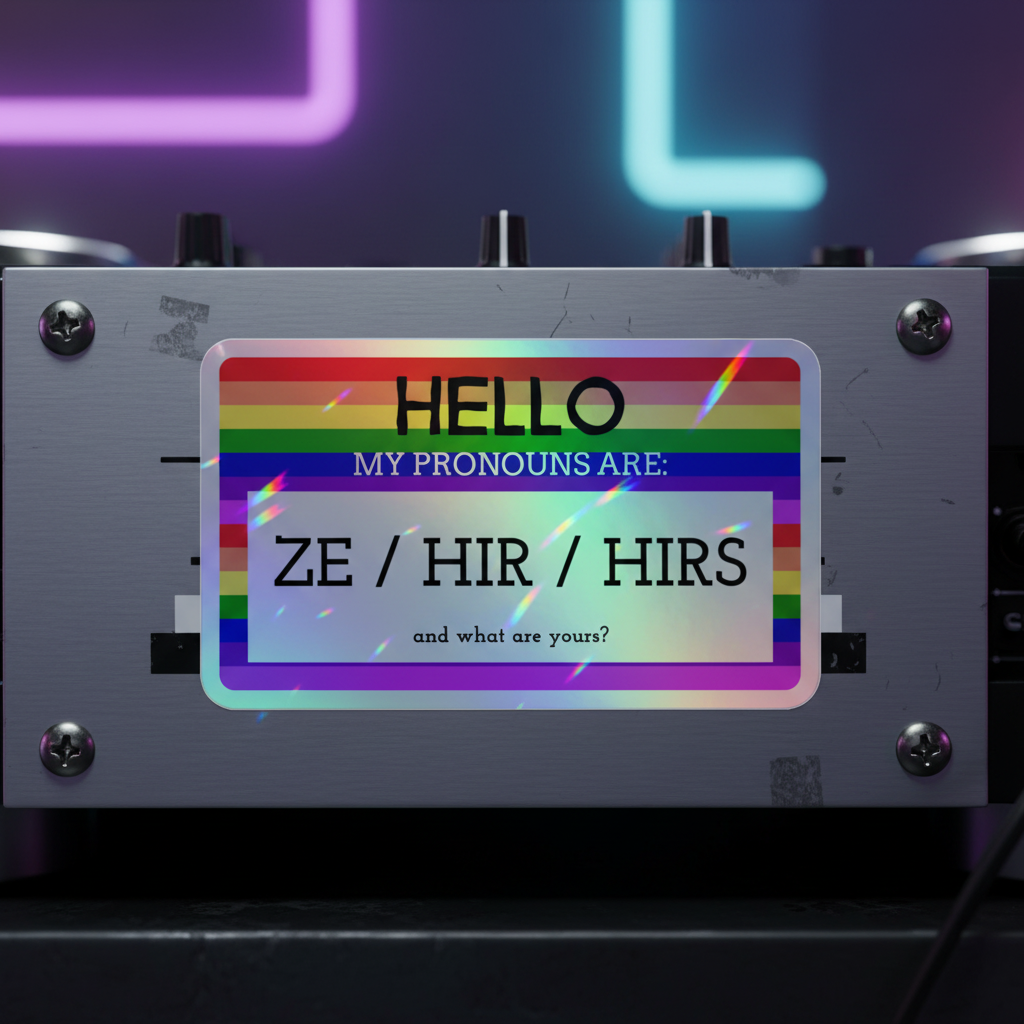 Holographic "Hello My Pronouns Are Ze / Hir / Hirs" sticker with rainbow stripes shines on metallic surface, neon-lit near DJ decks.