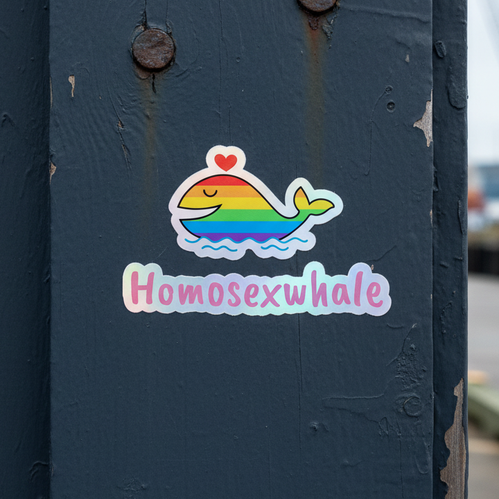 Homosexwhale Holographic Sticker shows a grinning whale with rainbow stripes and a red heart, flaunting queer pride in shiny vinyl.