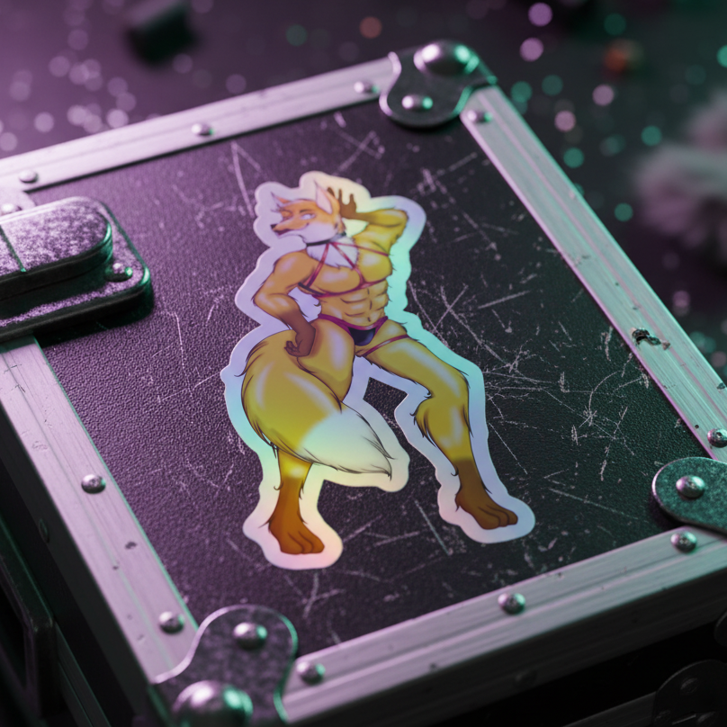 Holographic sticker featuring a bold, muscular gay furry fox in a revealing look on black metal-edged case with purple-green shine.