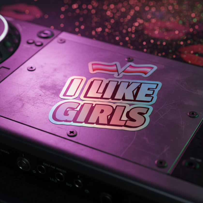 DJ controller deck with bold “I Like Girls Holographic Sticker” beneath a red, white, and pink-striped queer pride flag, lit by pink and purple tones.