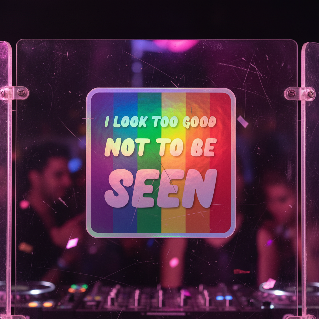 I Look Too Good" holographic vinyl sticker pops with bold text on a rainbow backdrop, perfect for queer party vibes and DJ booths.