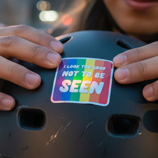 Holographic sticker with rainbow shimmer reading "I Look Too Good Not to Be Seen" being placed on a black helmet by queer hands.