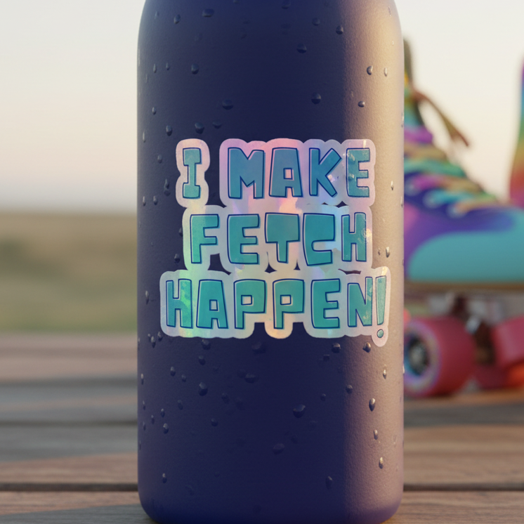 A purple water bottle sits on wood, decked with “I Make Fetch Happen!” holographic stickers; bold roller skates blur behind.