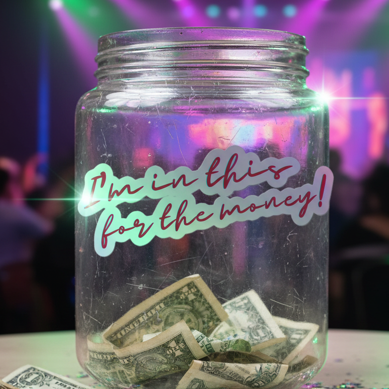 Glass tip jar with an "I'm In This For The Money" holographic sticker, packed with crumpled dollar bills at a queer club.
