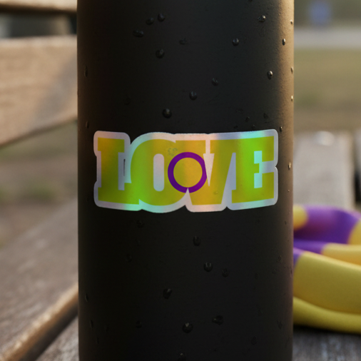Black water bottle with a holographic Intersex Love sticker reading “LOVE” in green, yellow, and purple gradient; purple ring as the O.