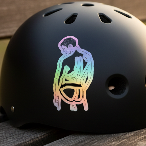 Matte black helmet on wood, featuring a "Jockstrap Holographic Sticker" with stylized short-haired figure and rainbow shimmer.