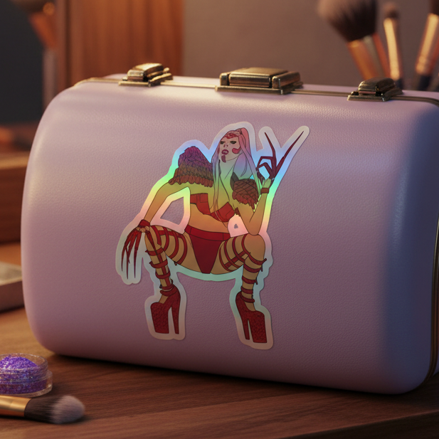 Lady Gaga Chromatica holographic sticker in bold red and yellow with platform heels, glam makeup, on a lavender makeup bag.