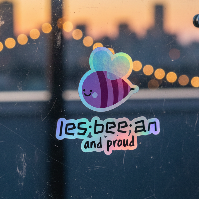 Holographic sticker shows a happy bee with purple stripes, rainbow wings, and bold "Les-bee-an And Proud" above city at sunset.