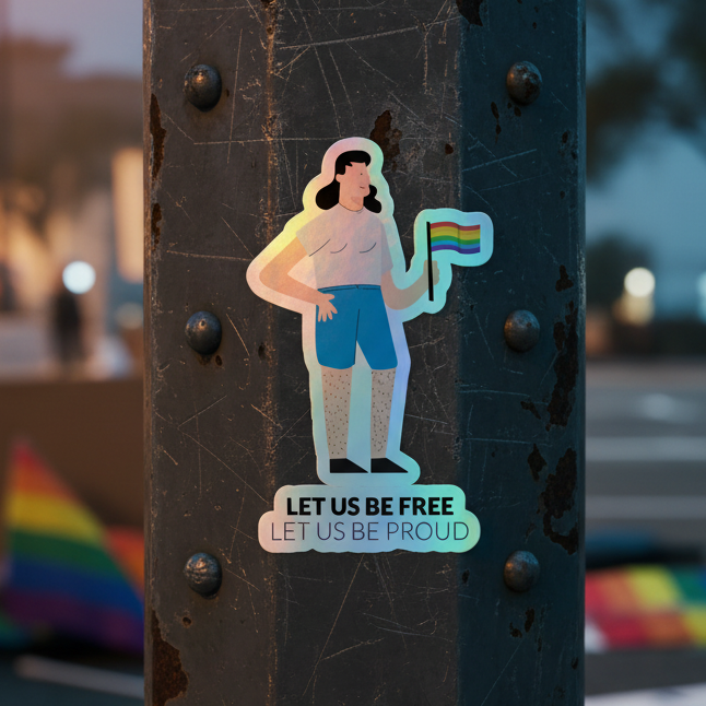 Let Us Be Free Let Us Be Proud" holographic sticker with a queer person in crop top, body hair, holding a pride flag; rainbow flags behind.
