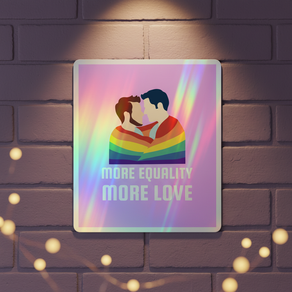 Square wall sign featuring two men wrapped in a rainbow pride flag, gazing; white text: MORE EQUALITY MORE LOVE. Warm lights and LGBT couple holographic stickers add queer vibes.
