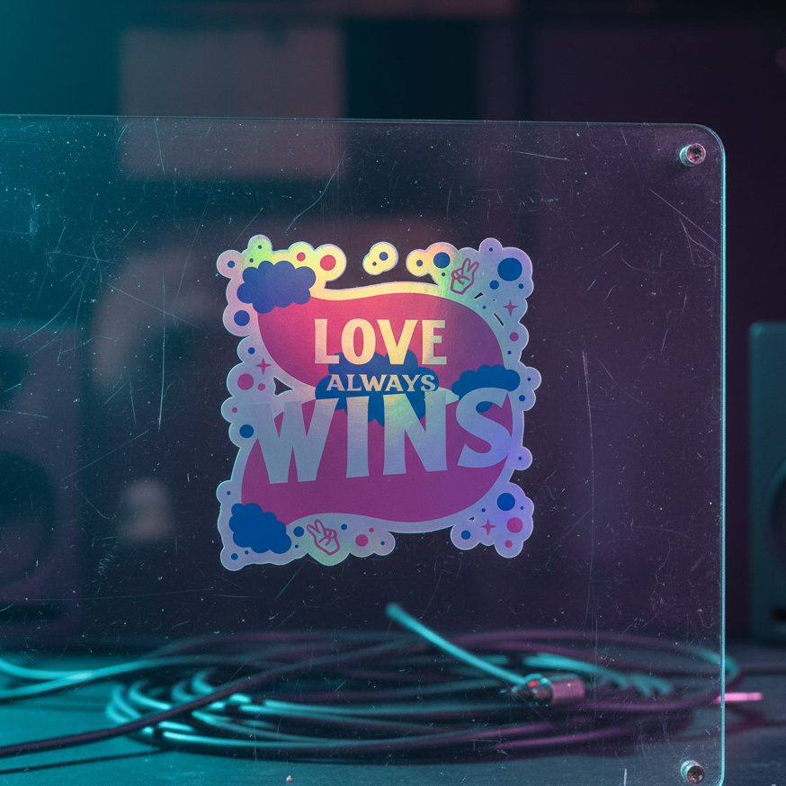 Holographic "Love Always Wins" sticker in bold letters with hearts, clouds, and peace signs, on an electronic panel with cables.