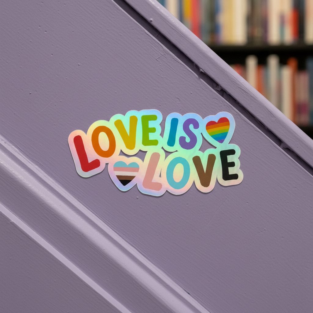 LGBTQ holographic stickers on a lavender wall: one rainbow-striped heart, one trans flag heart, and “Love is Love” text visible.