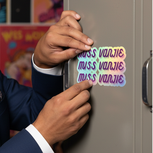 Miss Vanjie holographic stickers with rainbow ombré shine are placed three times on a grey locker by someone in a dark suit.