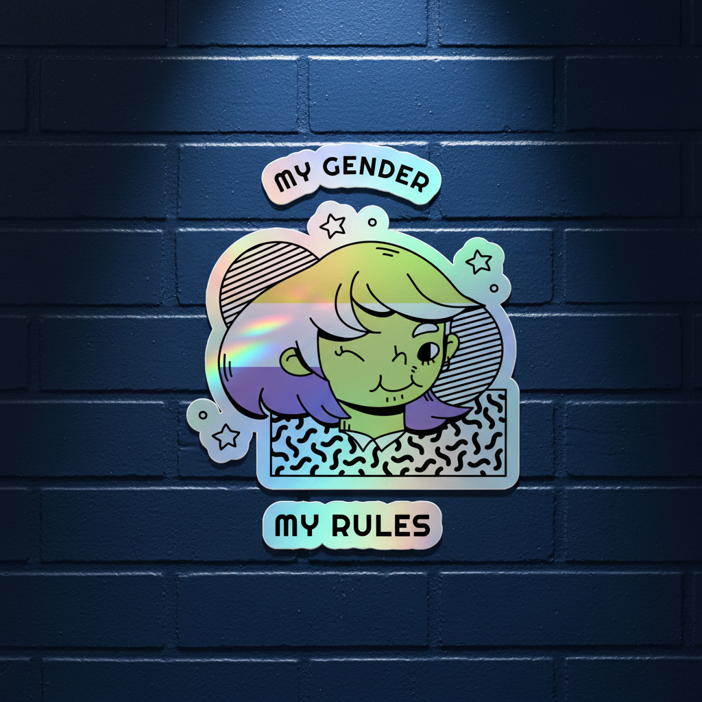 Holographic sticker showing a cartoon person with green skin and purple hair on a dark blue brick wall, “MY GENDER” above, “MY RULES” below, rainbow shimmer, stars and queer vibes.