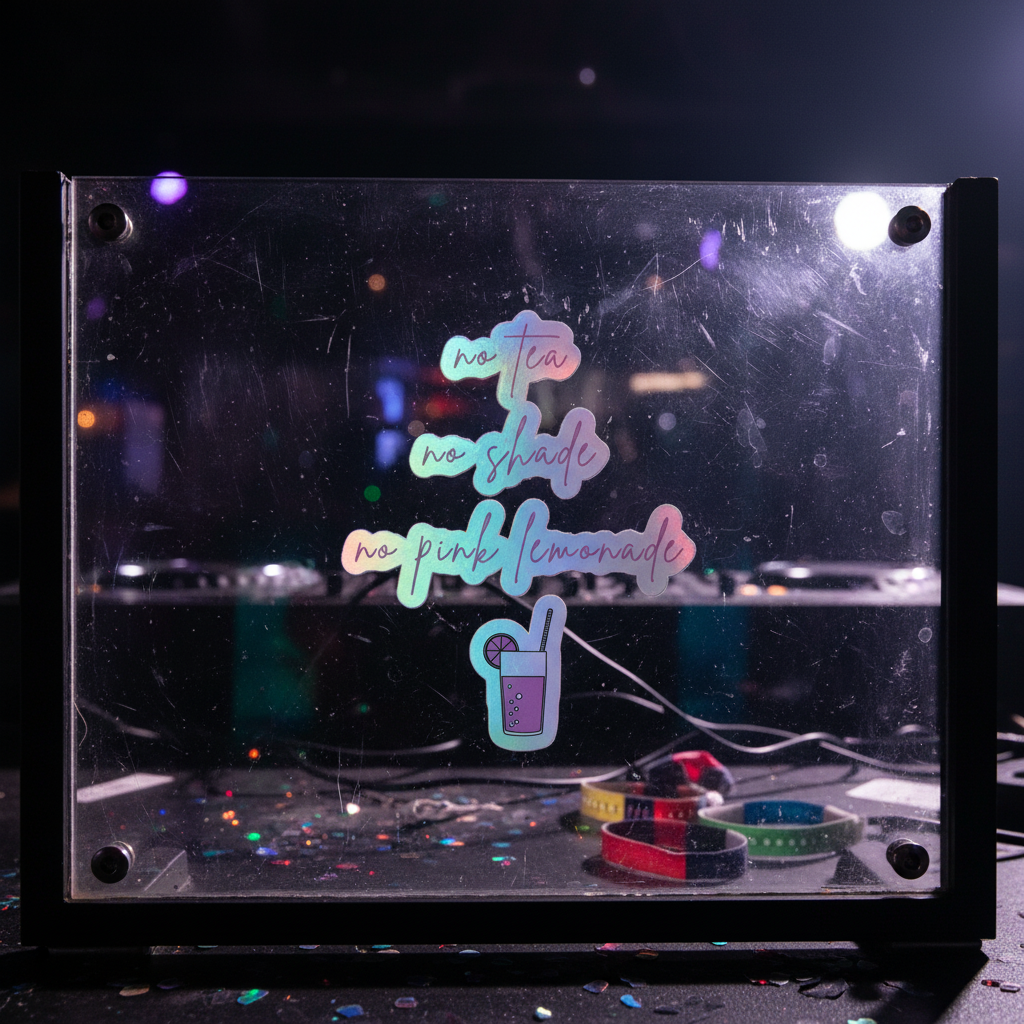 Holographic stickers reading “No Tea No Shade No Pink Lemonade” in rainbow vinyl, with a cartoon drink atop confetti at a queer event.