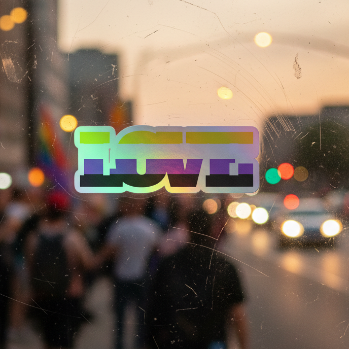 Non-Binary Love holographic sticker shines on a scratched window, with blurred city lights, people, and a rainbow pride flag beyond.