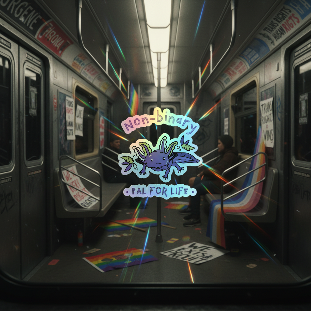 Non-Binary Pal For Life holographic sticker with an axolotl, radiating rainbow shimmer; subway scene with pride flags and posters.