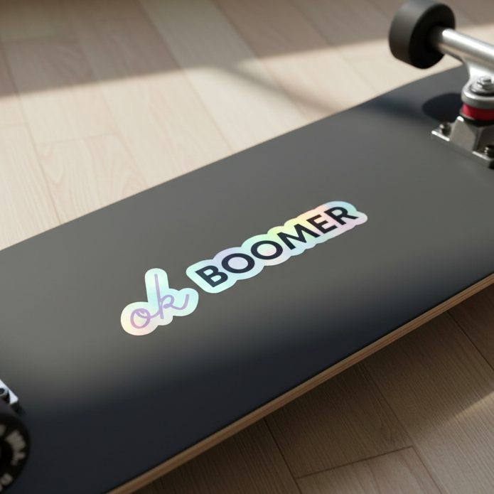 Matte black skateboard with a holographic "Ok Boomer" sticker in fun queer fonts near the truck, on sunlit wood floor.