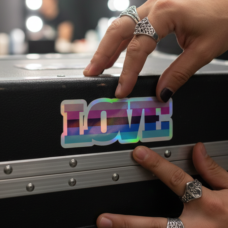 Omnisexual Love holographic sticker with bold rainbow hues popped on a black textured case by hands with black nails and silver rings.