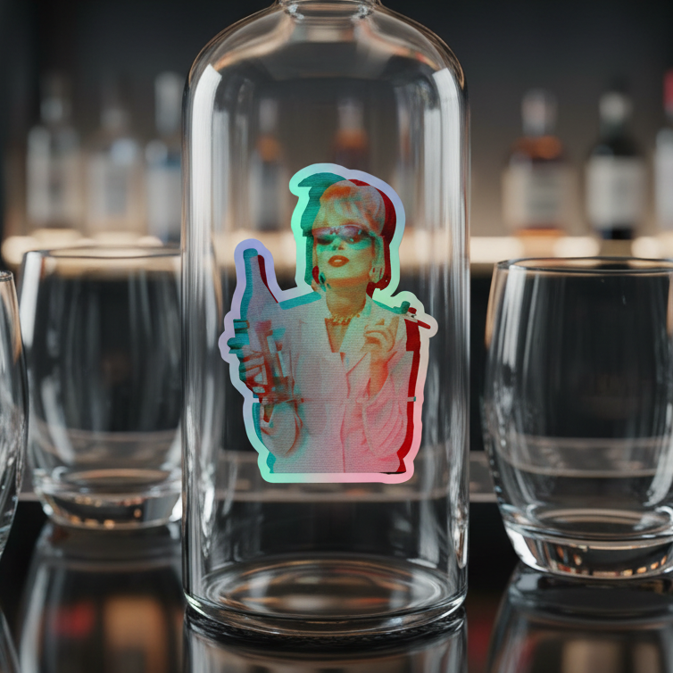 Clear glass bottle with a holographic Patsy Stone Absolutely Fabulous sticker—iconic diva in glasses and big earrings holding a drink.