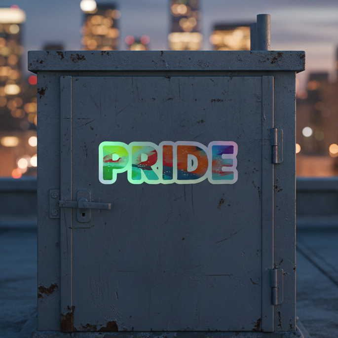 Gray utility box featuring "PRIDE" in bold, rainbow holographic letters, shining with queer pride amid blurred city lights.