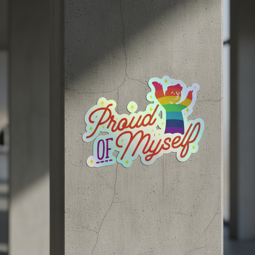 Holographic "Proud Of Myself" sticker on concrete, with a cute cartoon in a rainbow-striped tee radiating queer self-love.